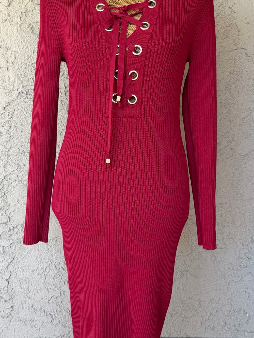 Michael Kors Fuchsia Ribbed Lace-Up Long Sleeve Dress